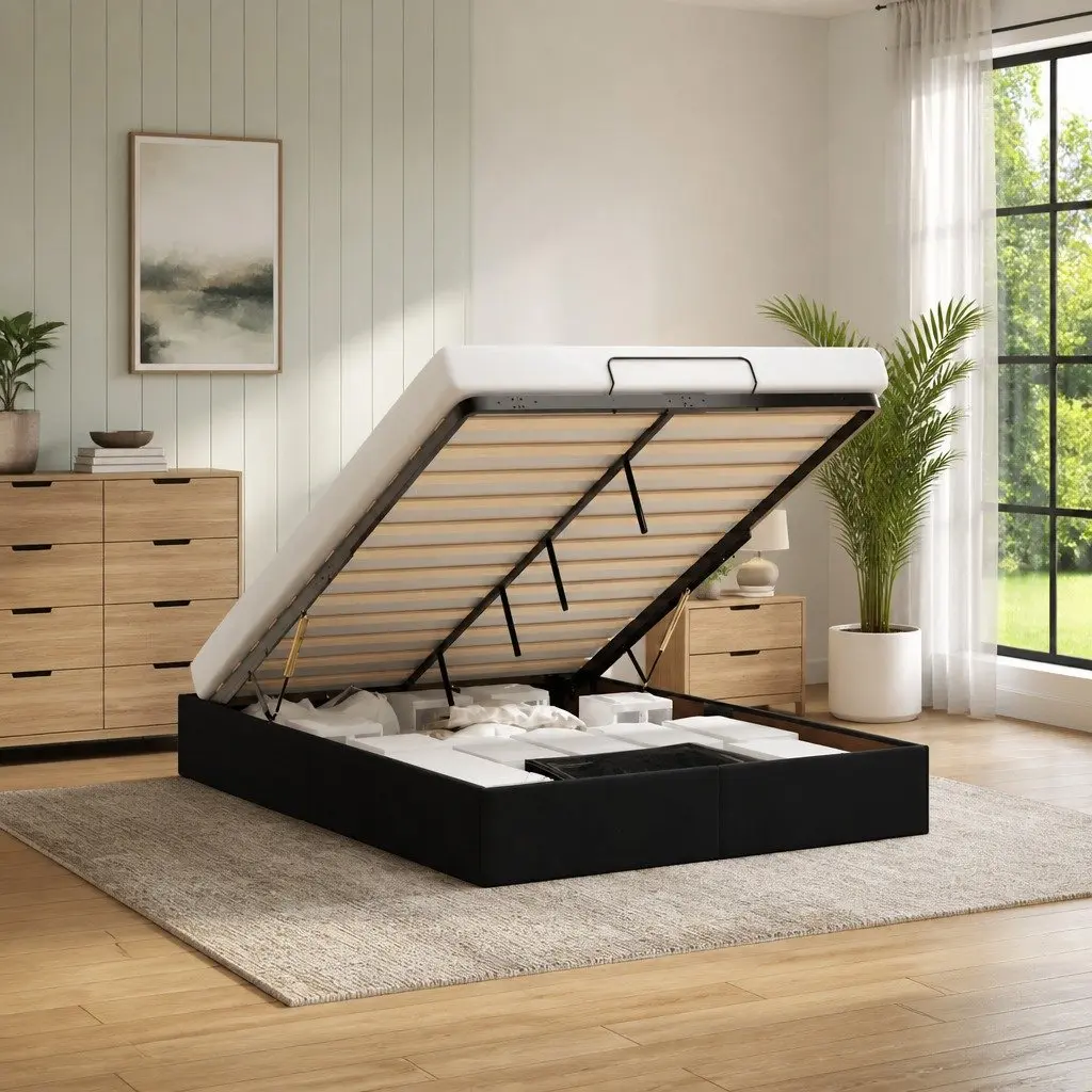 Double Ottoman Bed Frame Velvet Black with Gas Lift Storage and Slatted Base