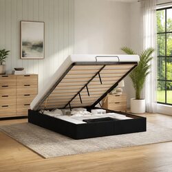 Double Ottoman Storage Bed Frame Black Velvet Lift-Up Base No Mattress