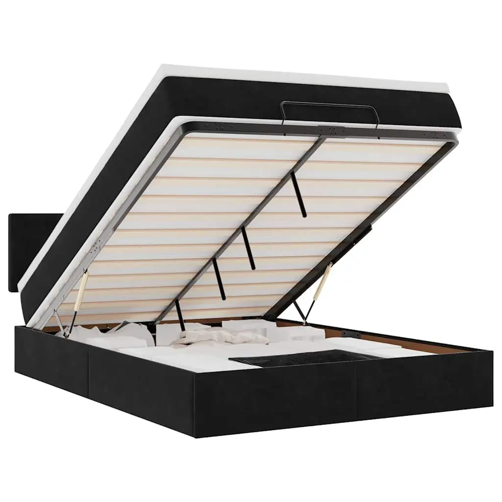 Double Ottoman Bed Frame Velvet Black with Gas Lift Storage and Slatted Base