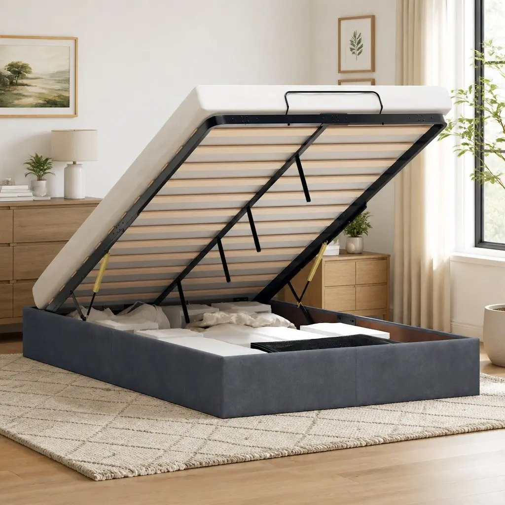 King Single Velvet Storage Bed Frame Dark Grey Hydraulic Lift Slatted Base