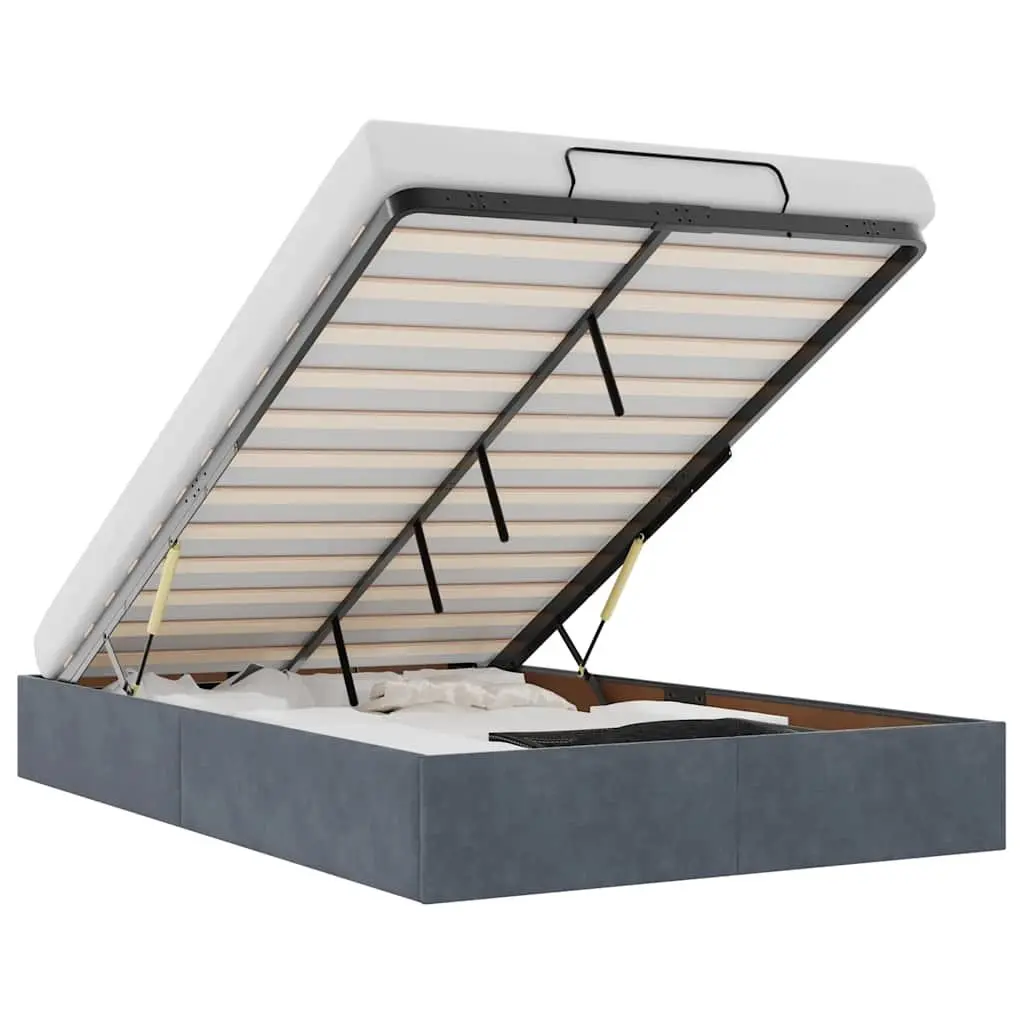 King Single Velvet Storage Bed Frame Dark Grey Hydraulic Lift Slatted Base