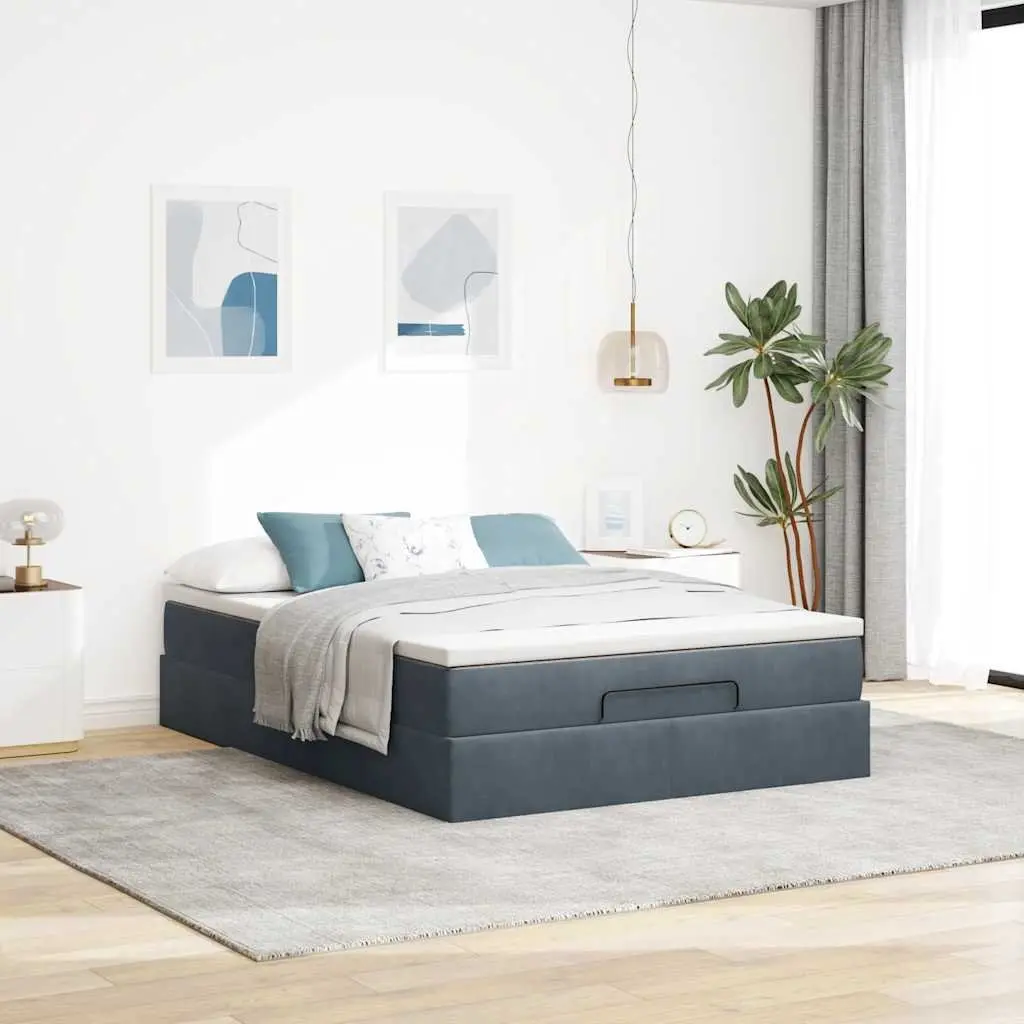 Ottoman Bed Double Velvet Grey with Pocket Spring Mattress and Hydraulic Lift Storage