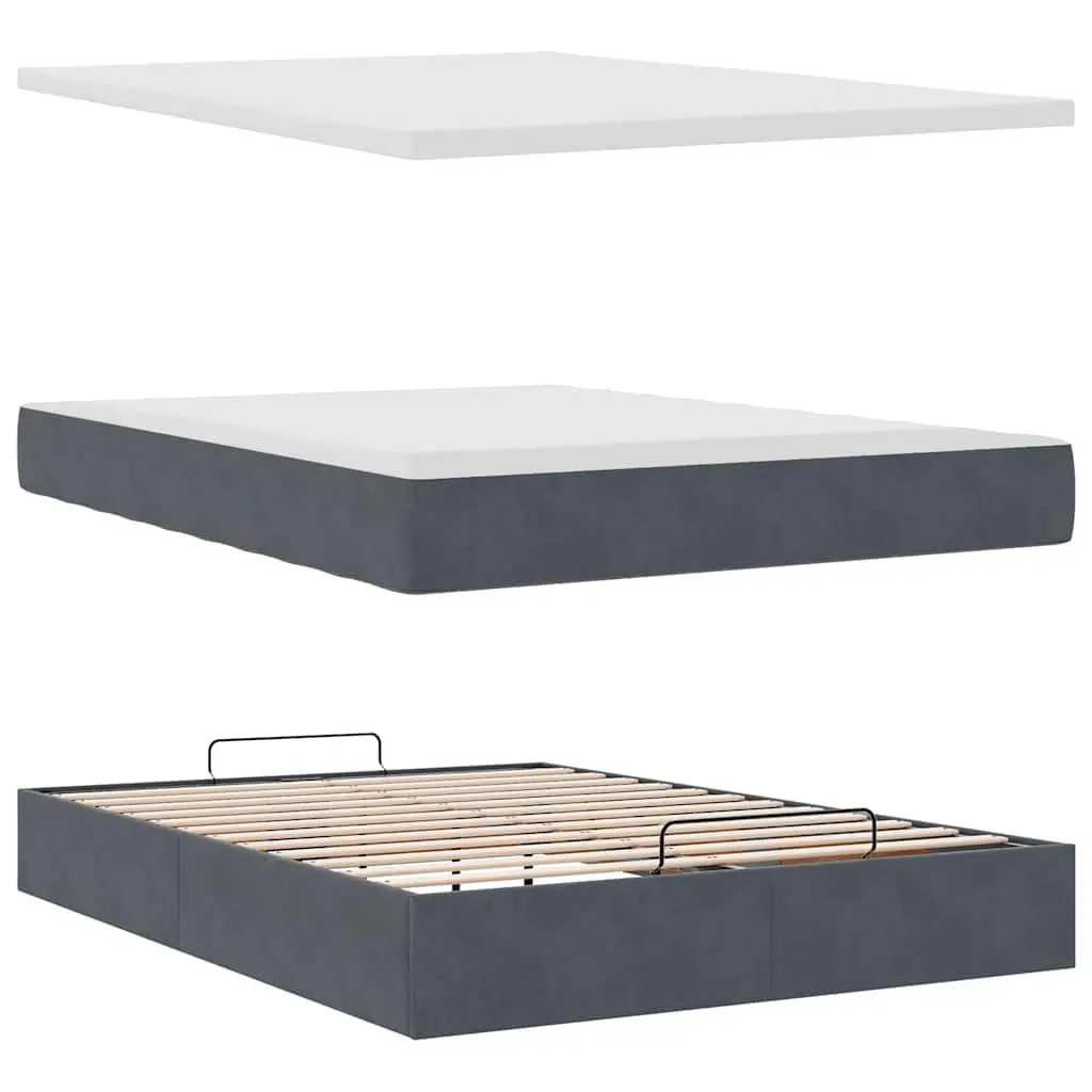Queen Size Ottoman Bed with Grey Velvet Upholstery Hydraulic Lift Storage and Pocket Spring Mattress