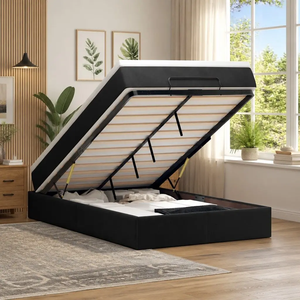 King Single Ottoman Bed Velvet Black with Pocket Spring Mattress and Topper Hydraulic Lift Storage