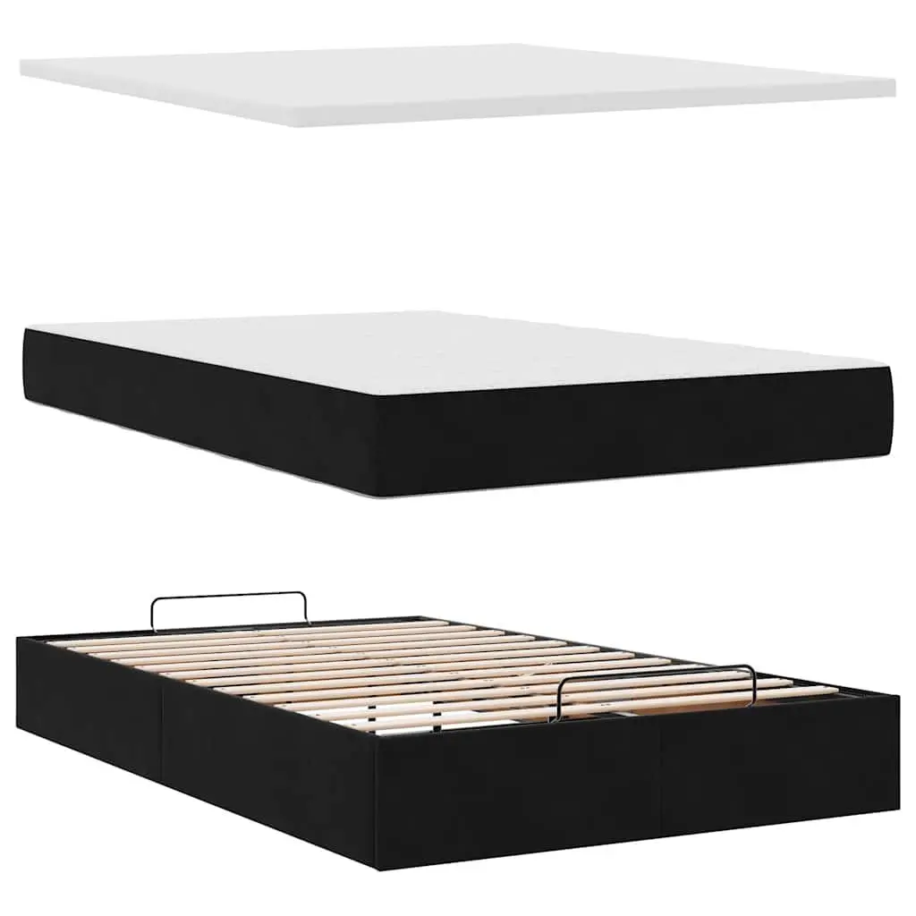 King Single Ottoman Bed Velvet Black with Pocket Spring Mattress and Topper Hydraulic Lift Storage