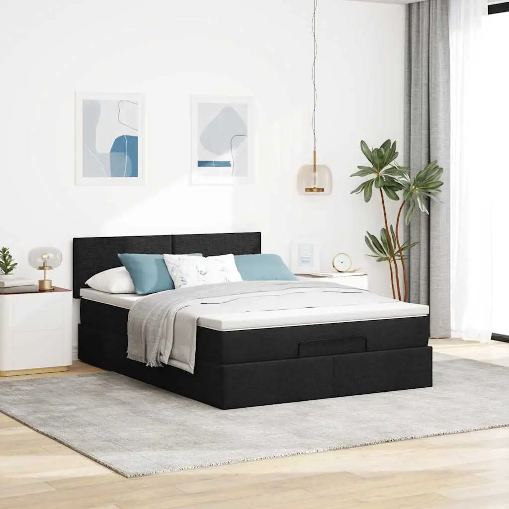 Double Ottoman Bed Black Upholstered Frame with Pocket Spring Mattress and Hydraulic Lift Storage