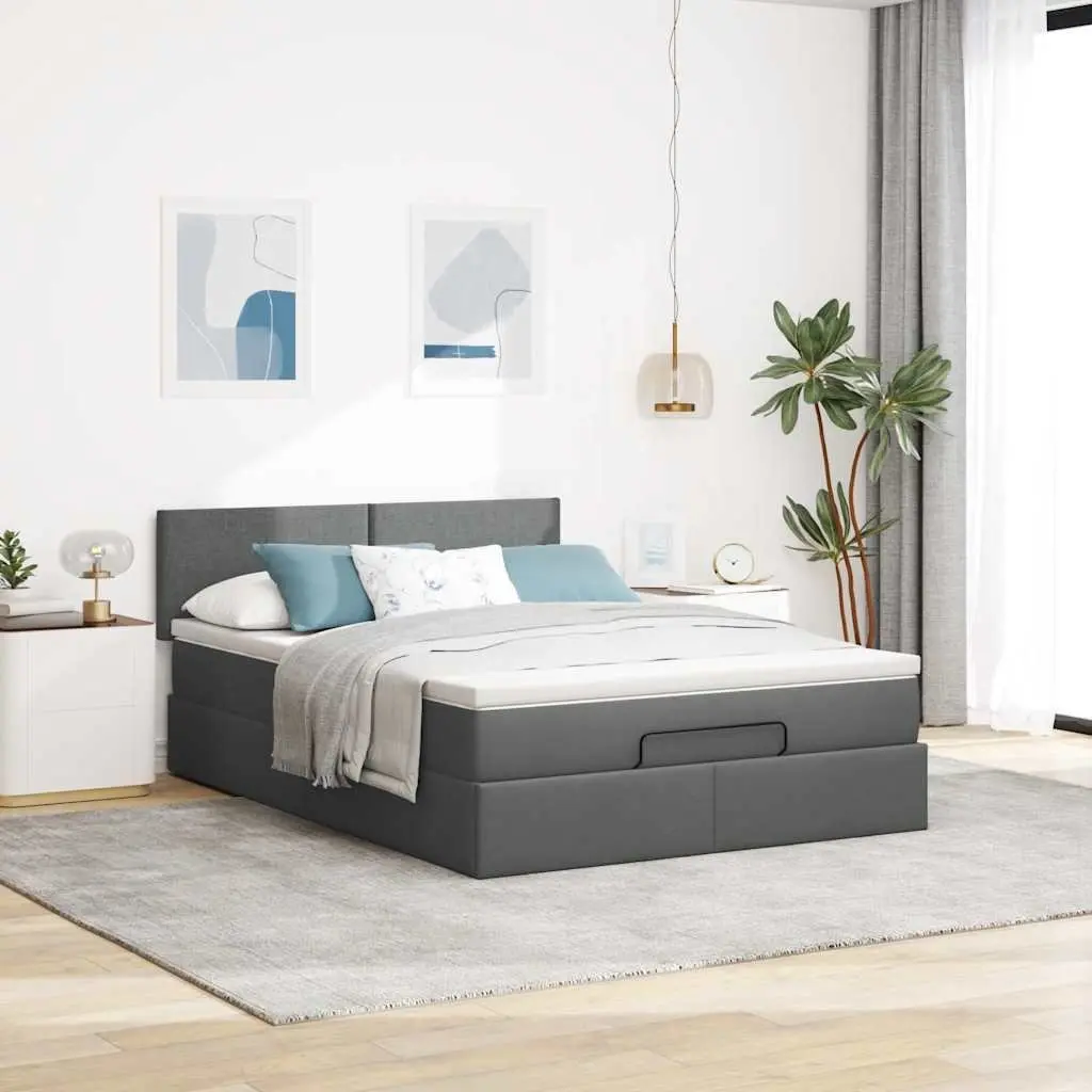 Queen Ottoman Bed Grey Fabric with Pocket Spring Mattress Hydraulic Lift Storage
