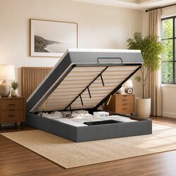 Ottoman Bed Double Grey Fabric with Mattress Storage Lift Hydraulic Frame