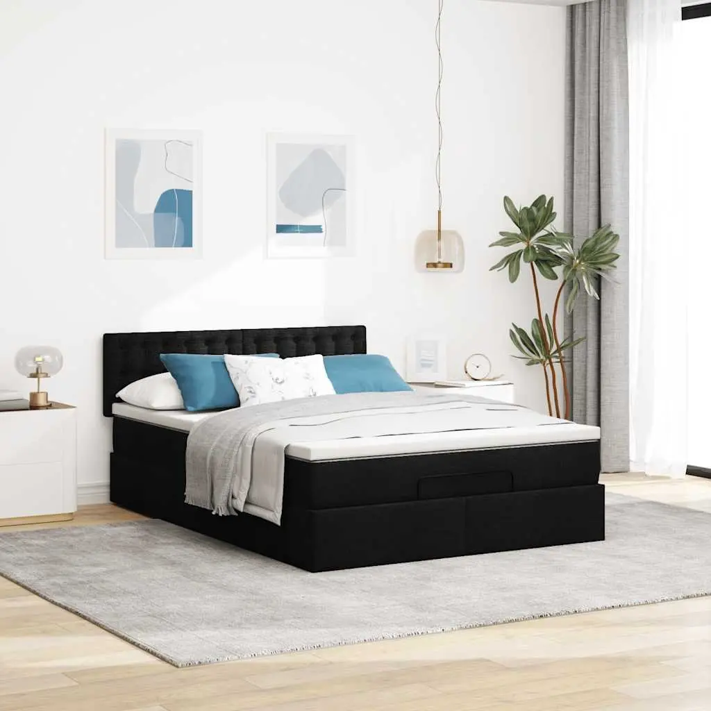 Double Ottoman Bed Polyester Fabric Black with Pocket Spring Mattress and Hydraulic Lift Storage