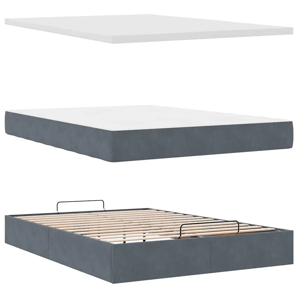 Double Ottoman Bed Velvet Grey with Hydraulic Lift Storage Base and Pocket Spring Mattress