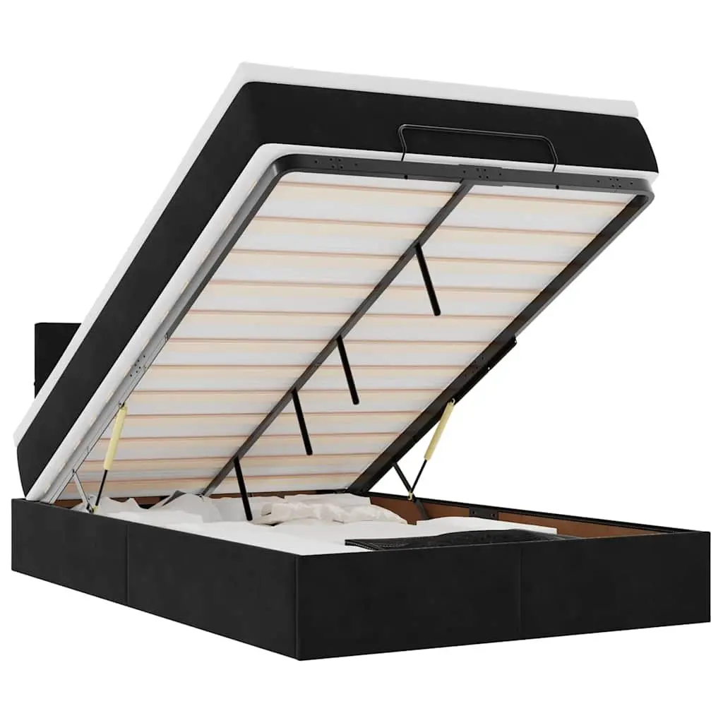 Ottoman Bed Velvet Upholstered King Single Black with Pocket Spring Mattress and Hydraulic Lift Storage