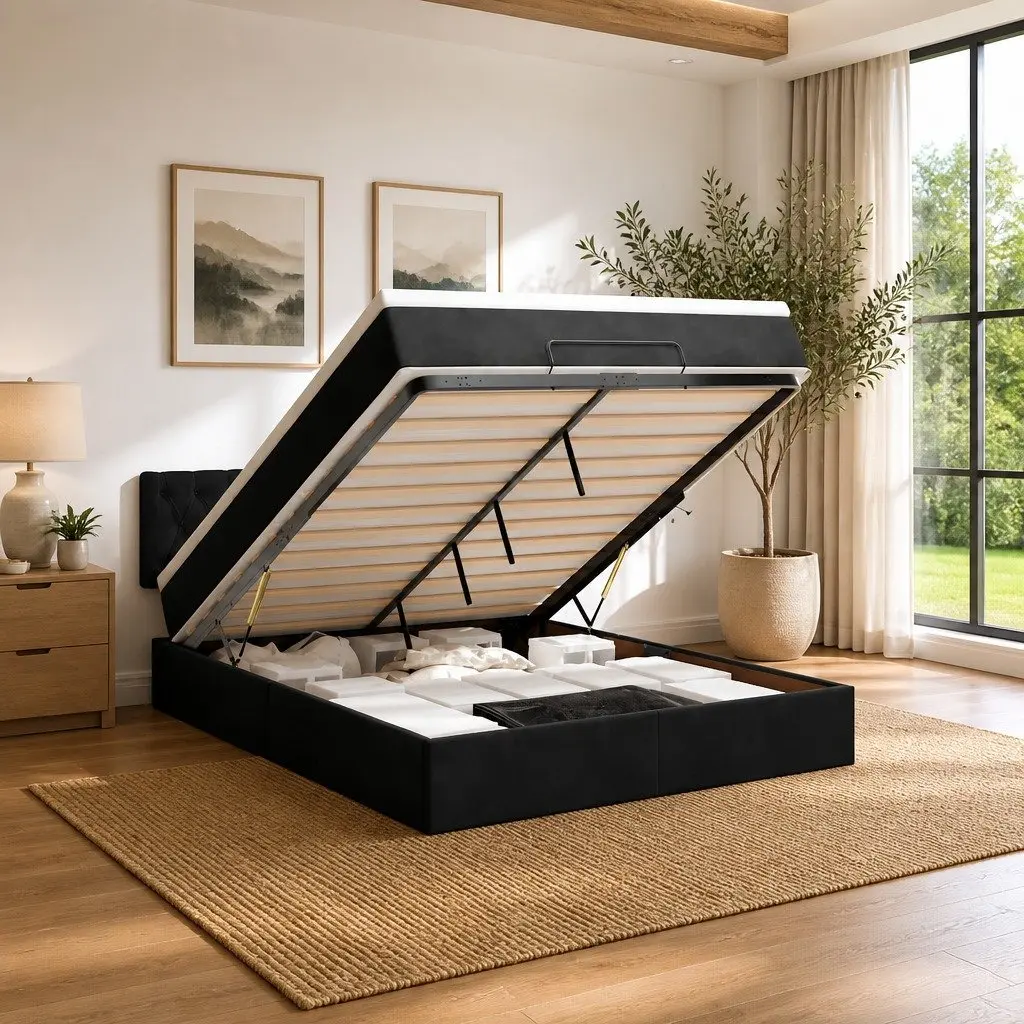 Double Ottoman Bed Velvet Black with Pocket Spring Mattress and Hydraulic Lift Storage