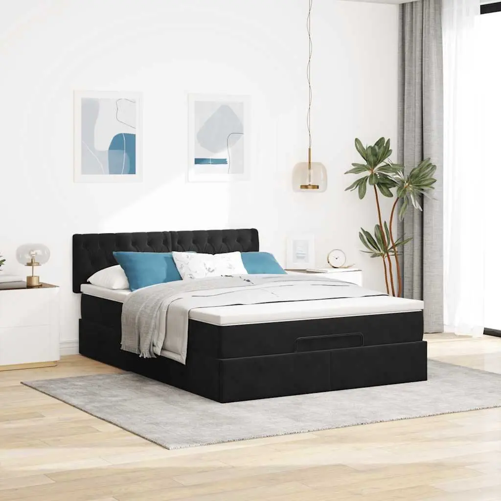 Double Ottoman Bed Velvet Black with Pocket Spring Mattress and Hydraulic Lift Storage
