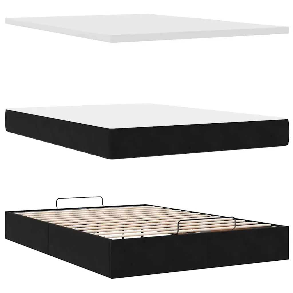 Double Ottoman Bed Velvet Black with Pocket Spring Mattress and Hydraulic Lift Storage