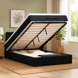 Ottoman Bed with Pocket Spring Mattress Black King Single Velvet Storage Lift