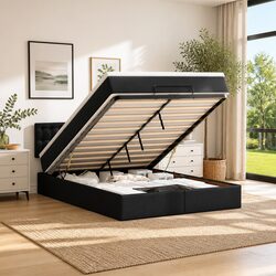 Practical Queen Ottoman Bed with Hidden Storage and LED Lights