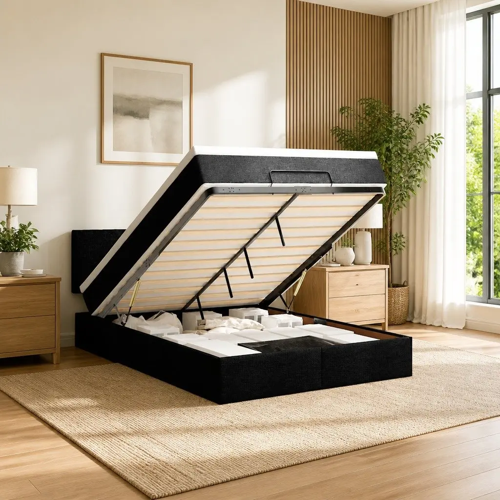 Double Ottoman Bed Pocket Spring Mattress Black Fabric Double Size