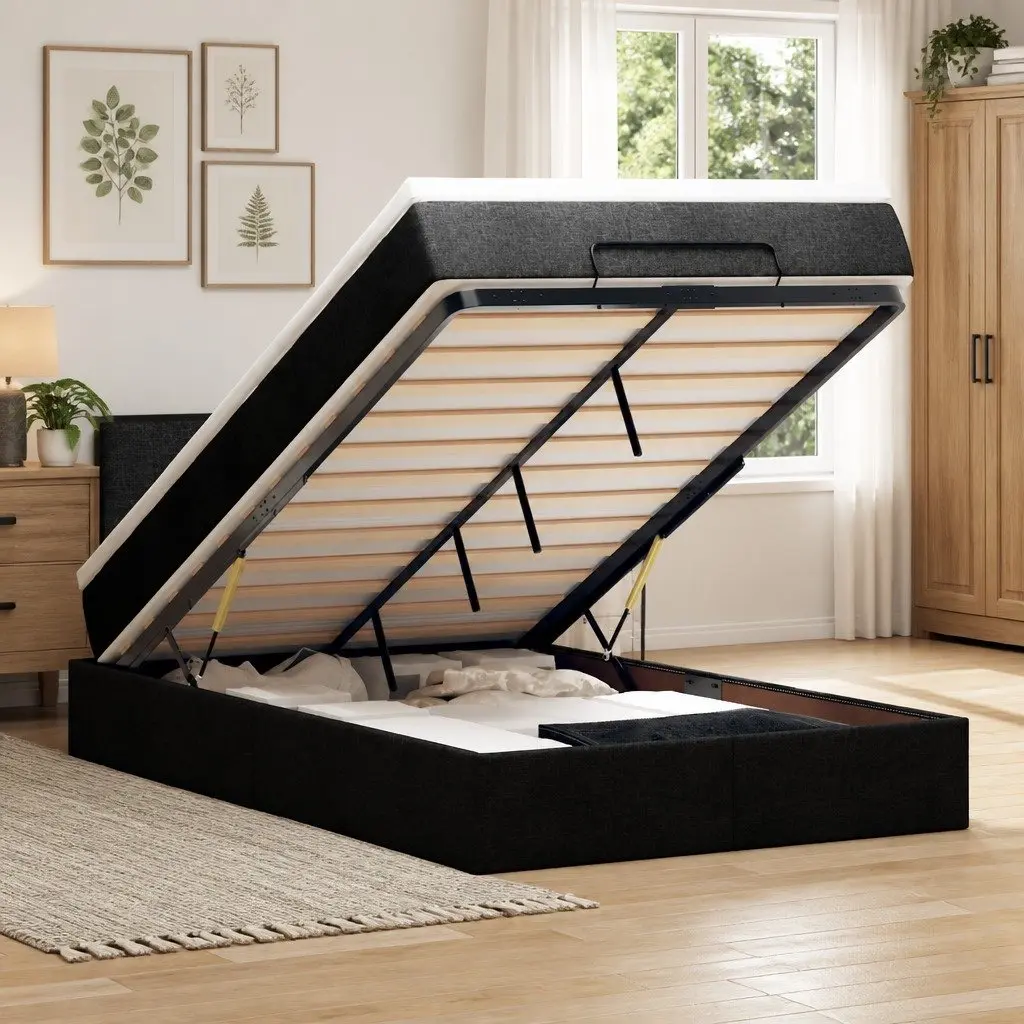 King Single Ottoman Bed Black Polyester with Pocket Spring Mattress and Adjustable LED Lights
