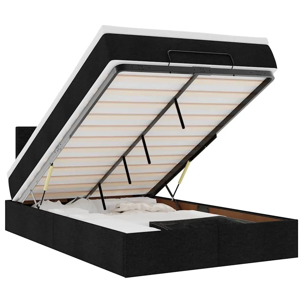 King Single Ottoman Bed Black Polyester with Pocket Spring Mattress and Adjustable LED Lights