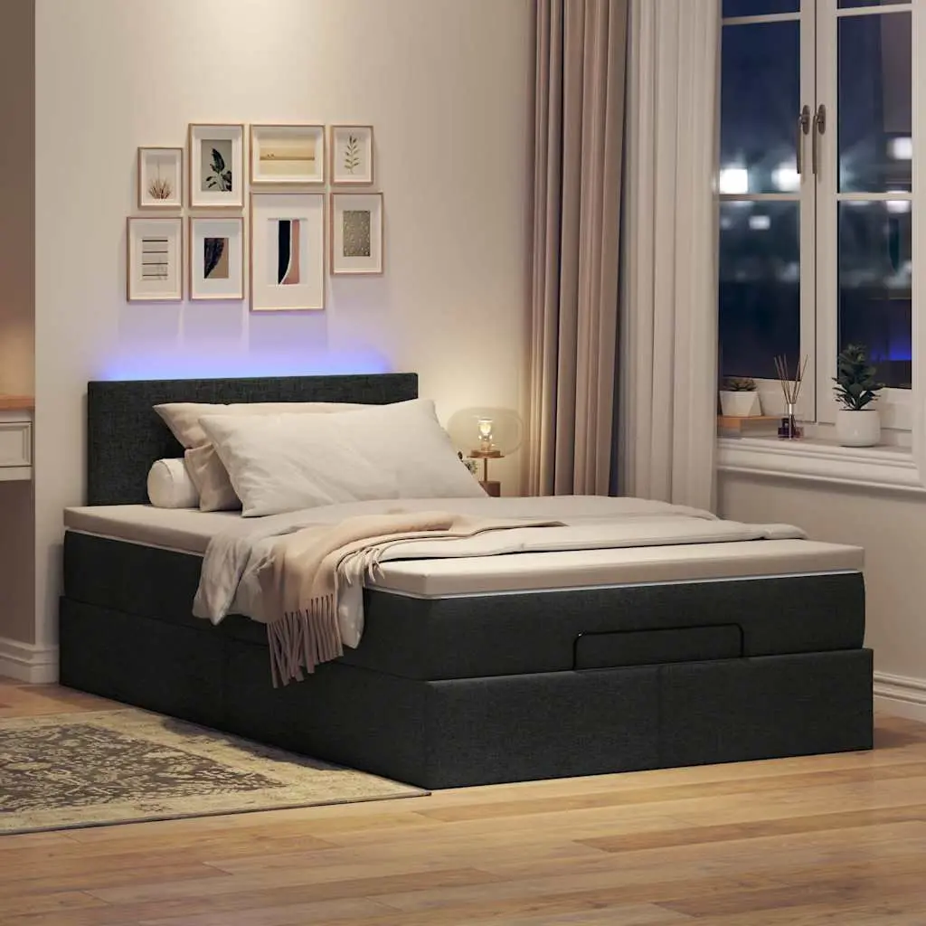 King Single Ottoman Bed Black Polyester with Pocket Spring Mattress and Adjustable LED Lights