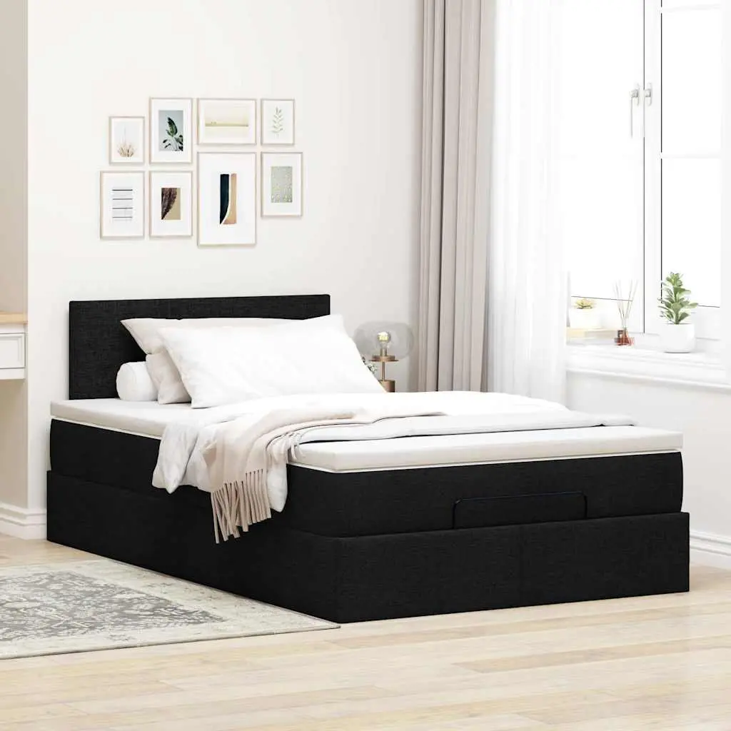 King Single Ottoman Bed Black Polyester with Pocket Spring Mattress and Adjustable LED Lights