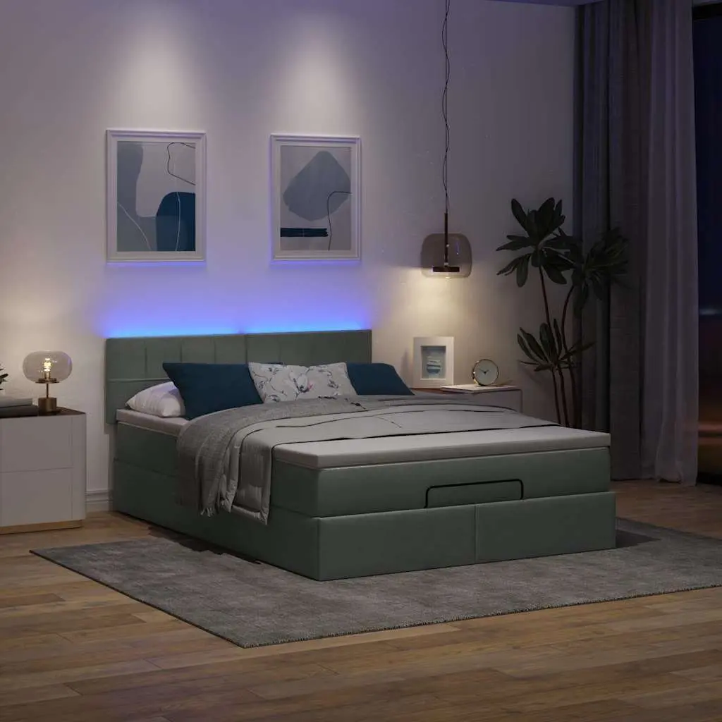 Queen Ottoman Bed Grey Fabric Hydraulic Lift Storage Pocket Spring Mattress LED Lighting
