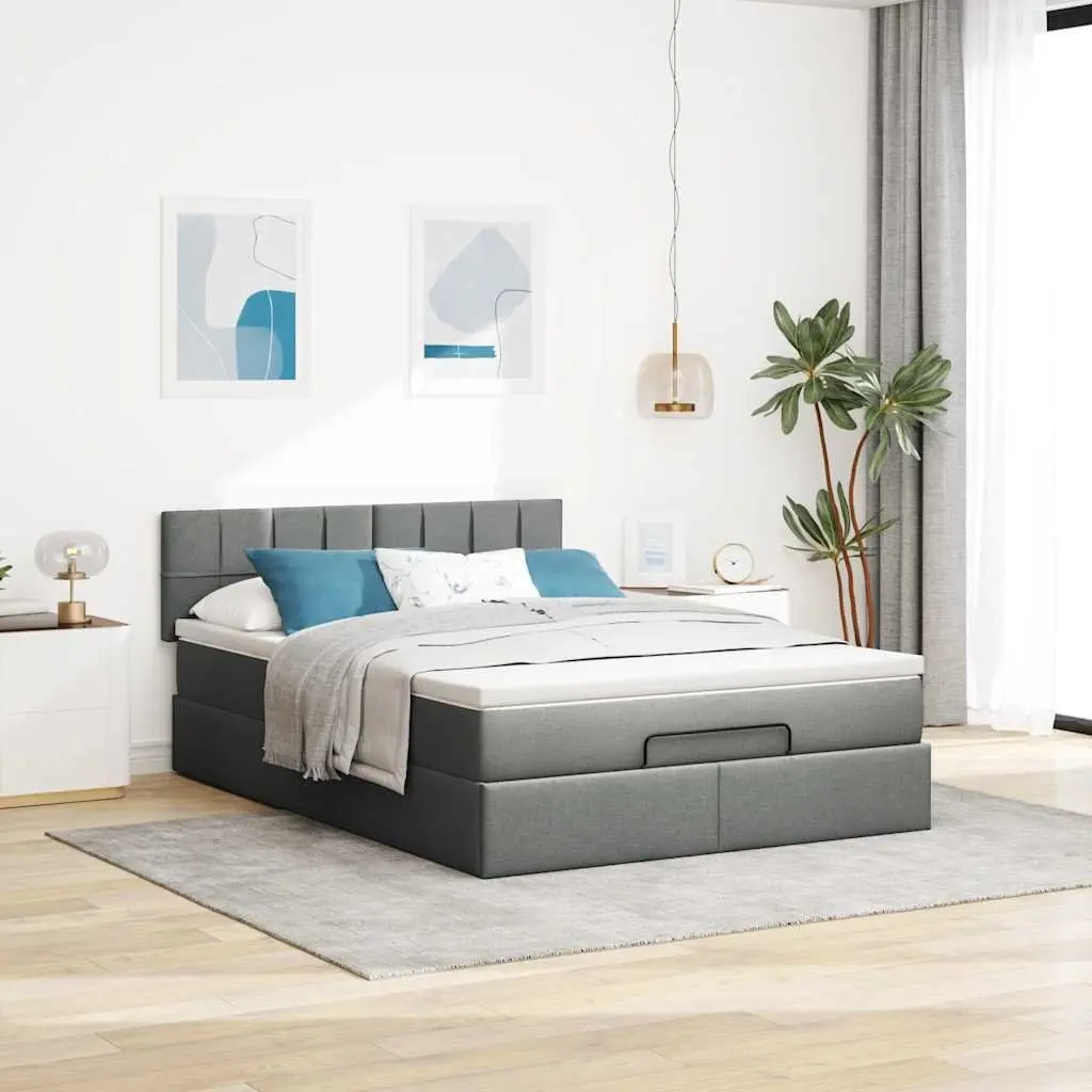 Queen Ottoman Bed Grey Fabric Hydraulic Lift Storage Pocket Spring Mattress LED Lighting