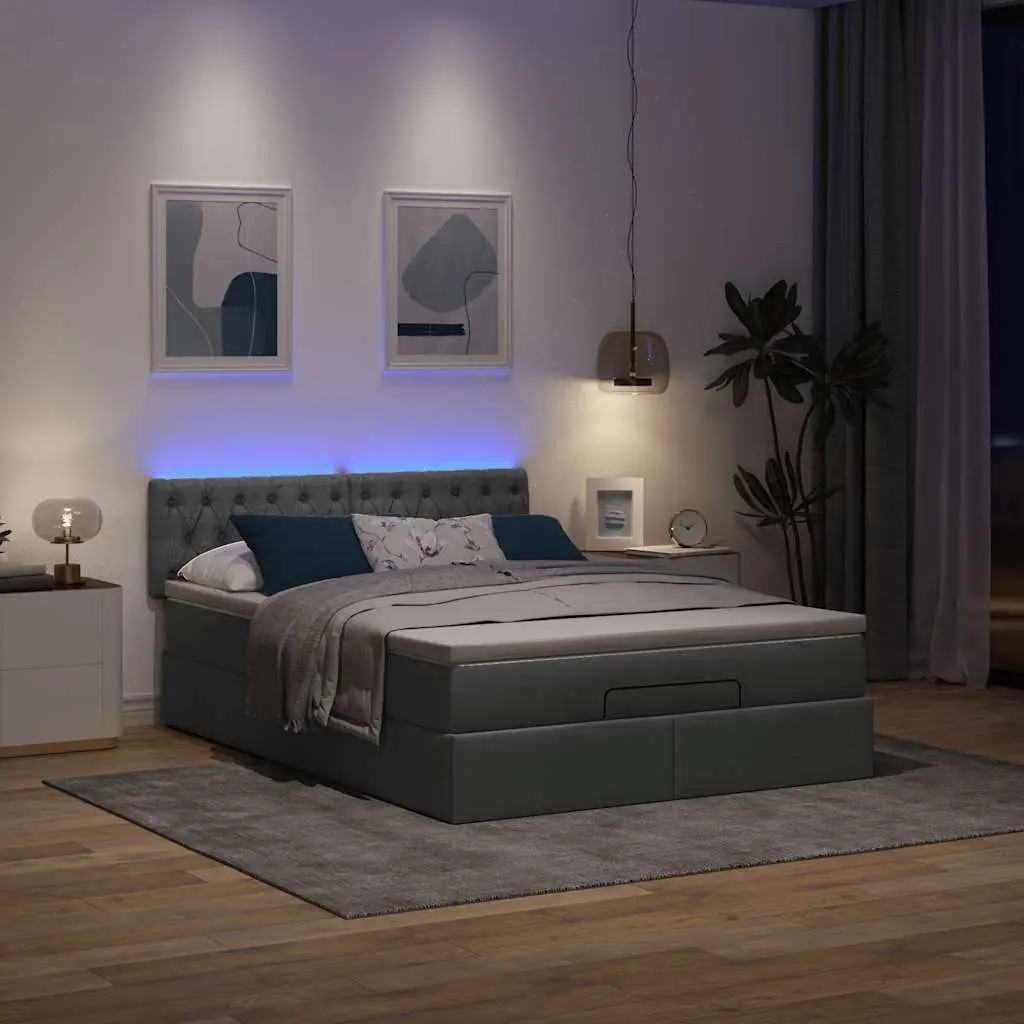 Queen Size Ottoman Bed with Grey Upholstery Pocket Spring Mattress Storage and LED Lights