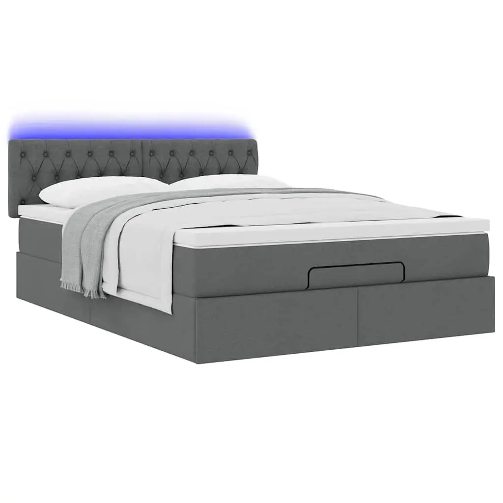Queen Size Ottoman Bed with Grey Upholstery Pocket Spring Mattress Storage and LED Lights