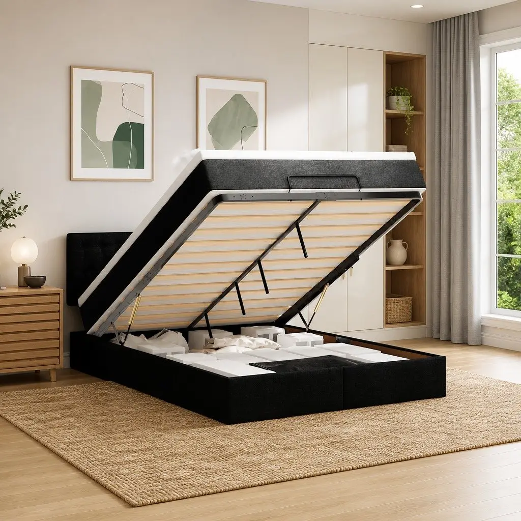 Ottoman Bed Pocket Spring Mattress Hydraulic Storage Black Fabric