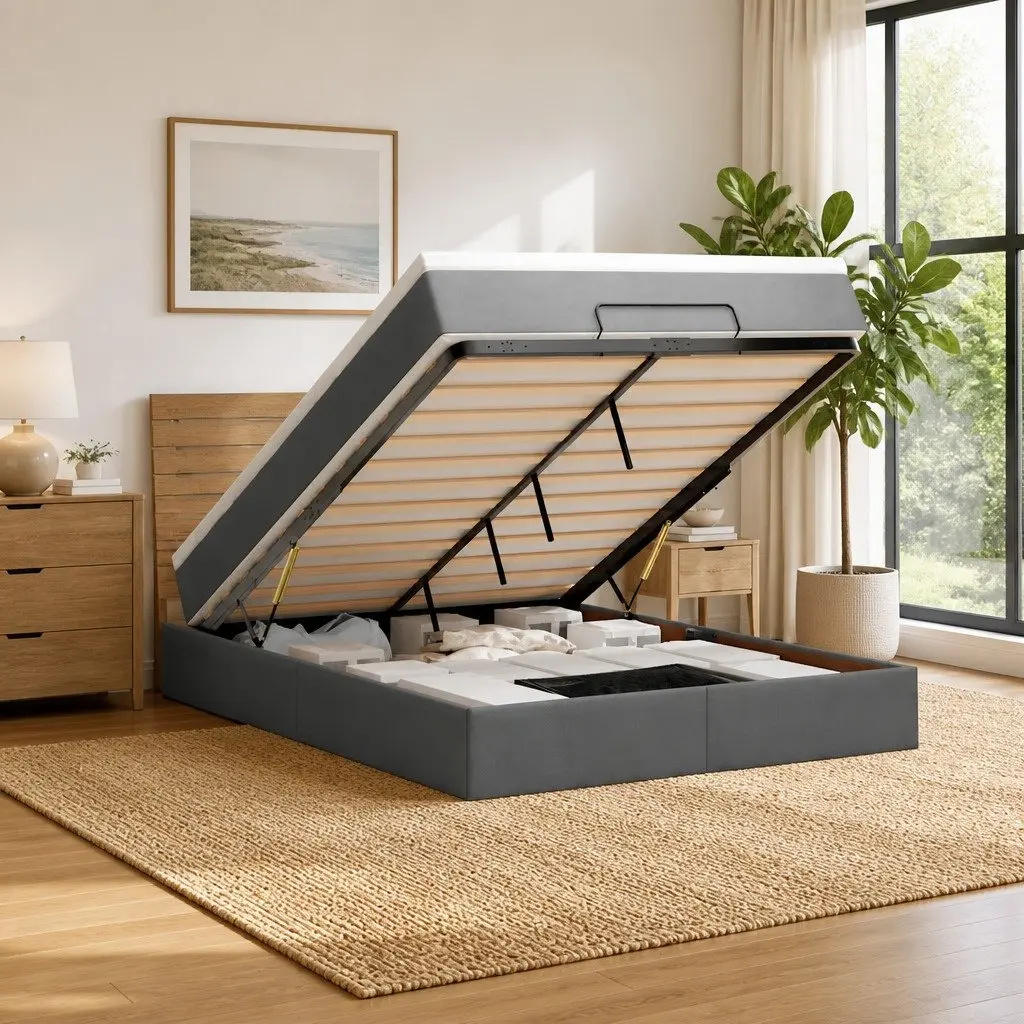Ottoman Bed Queen Size Pocket Spring Mattress Grey Fabric with LED Lights