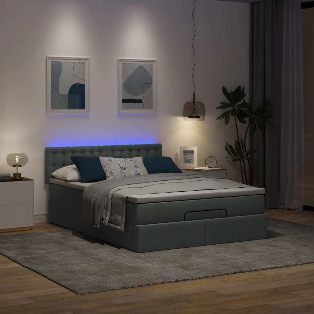 Ottoman Bed Queen Size Pocket Spring Mattress Grey Fabric with LED Lights