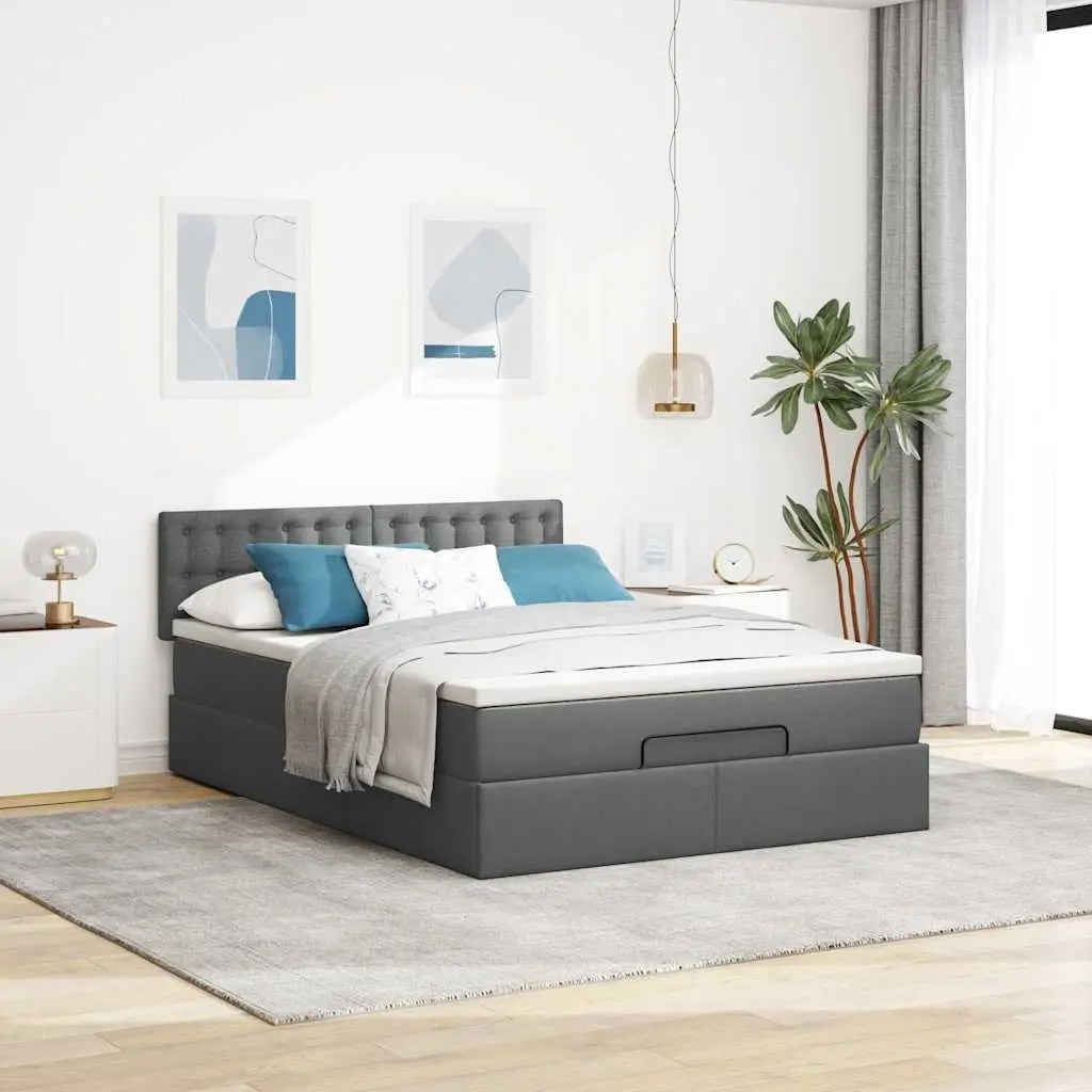 Ottoman Bed Queen Size Pocket Spring Mattress Grey Fabric with LED Lights