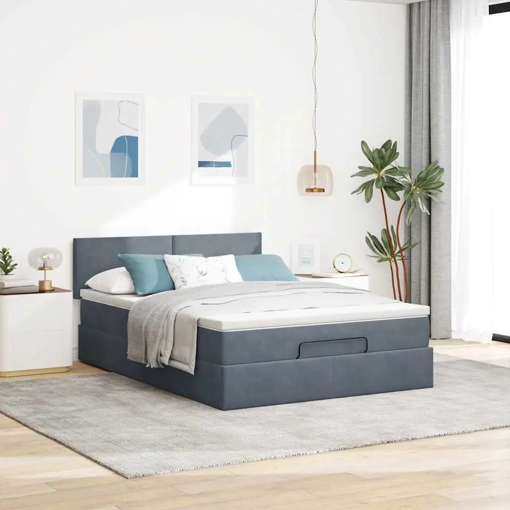 Double Ottoman Bed Velvet Grey with Pocket Spring Mattress Hydraulic Lift Storage and LED Lighting