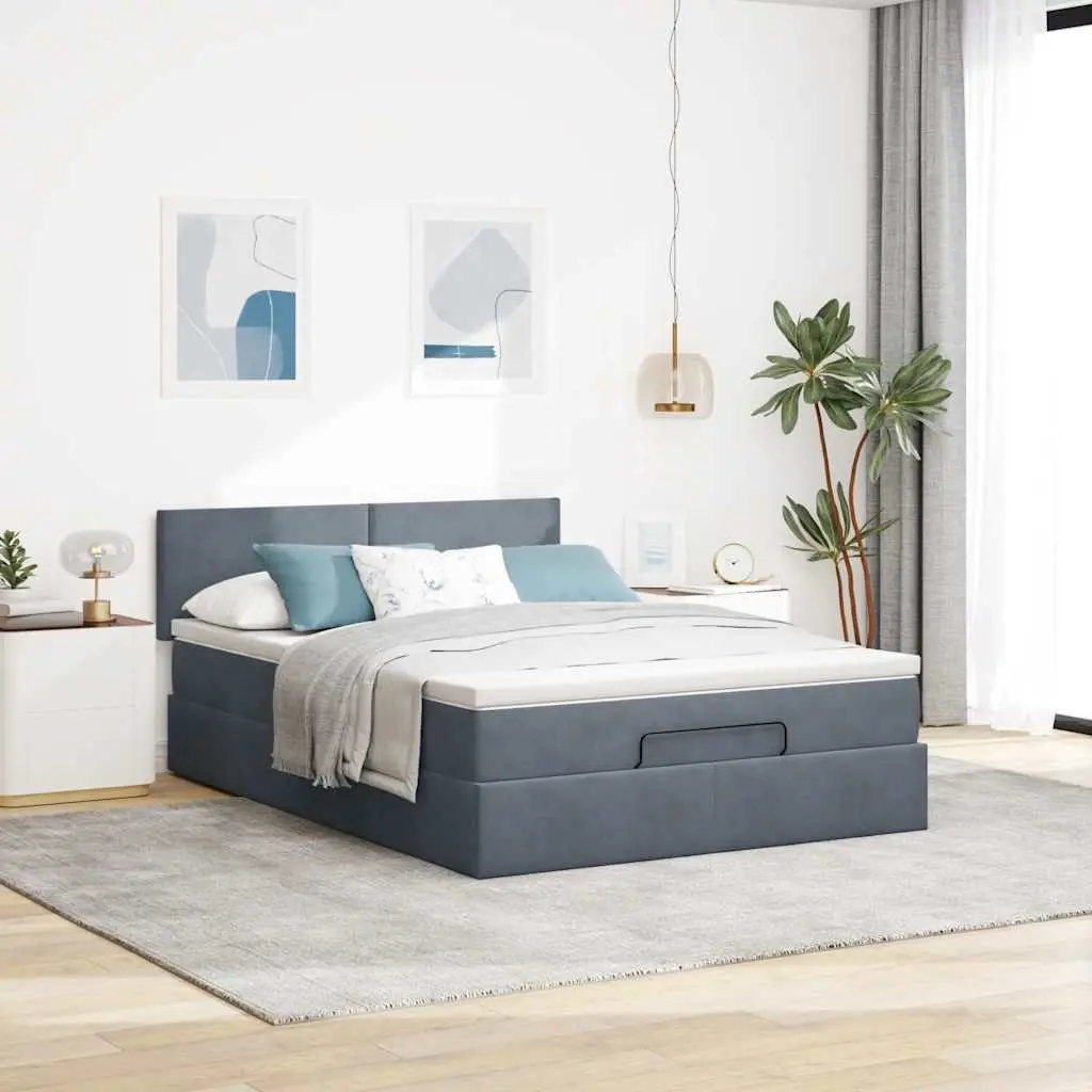 Queen Ottoman Bed with Pocket Spring Mattress LED Lights Storage Grey Velvet