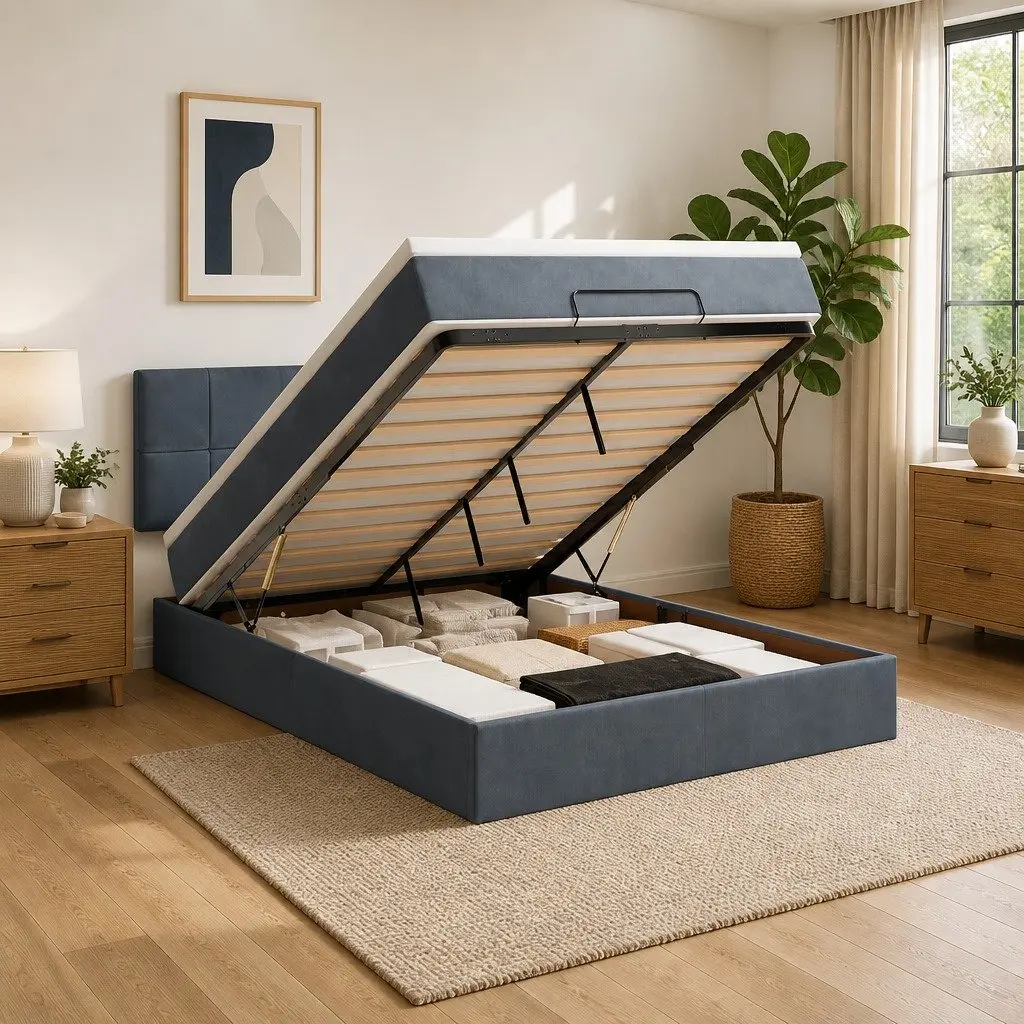 Ottoman Bed Pocket Spring Mattress Queen Size Grey Velvet with Storage and LED Lights