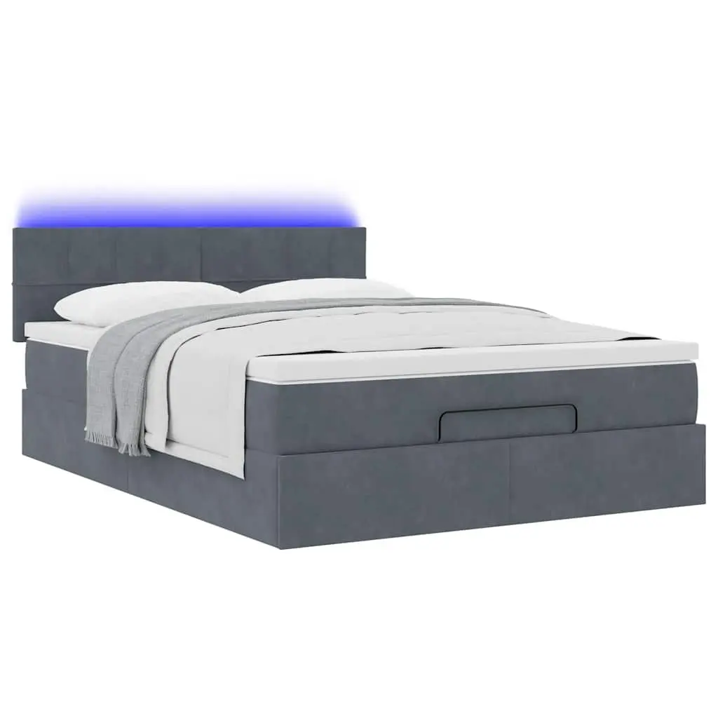 Ottoman Bed Pocket Spring Mattress Queen Size Grey Velvet with Storage and LED Lights