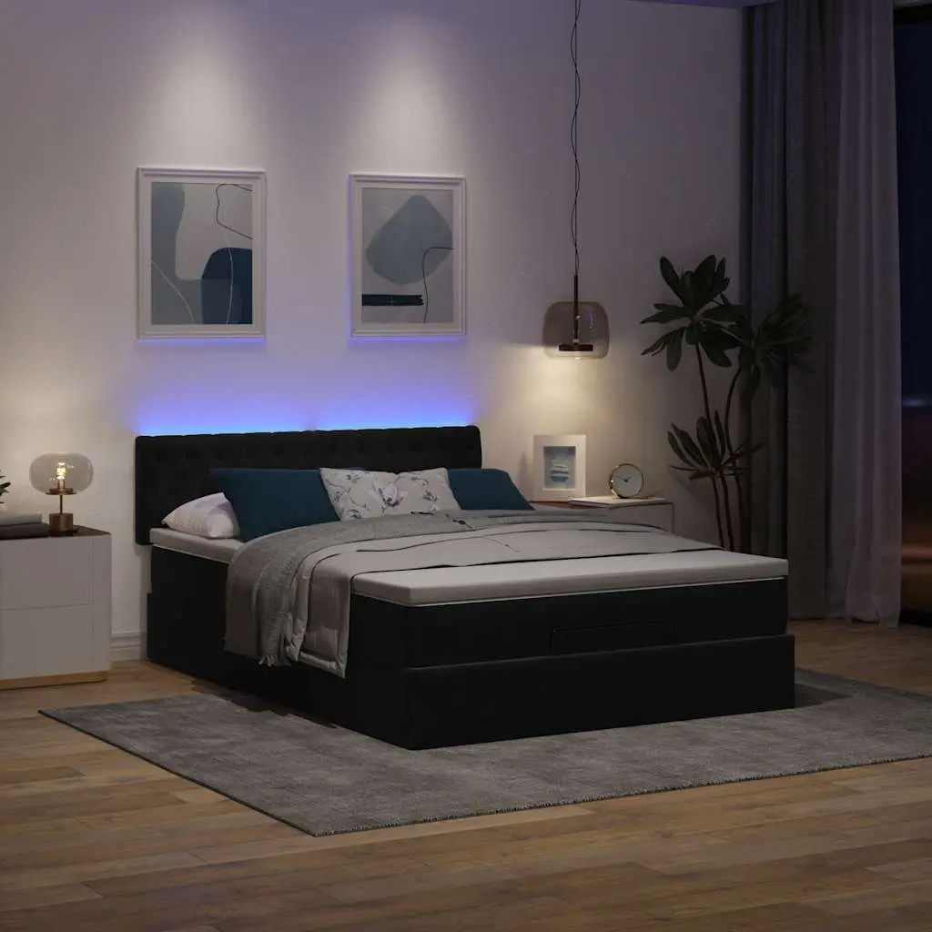 Ottoman Bed Velvet Black Double with Pocket Spring Mattress and LED Lights