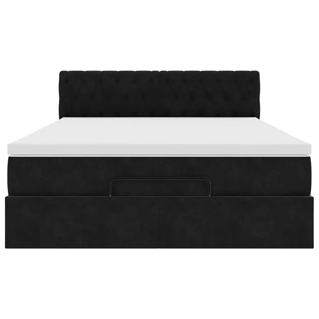 Ottoman Bed Velvet Black Double with Pocket Spring Mattress and LED Lights