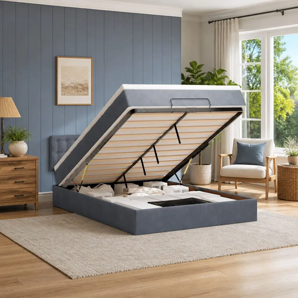 Ottoman Bed Double Grey Velvet with Pocket Spring Mattress Storage LED Lights