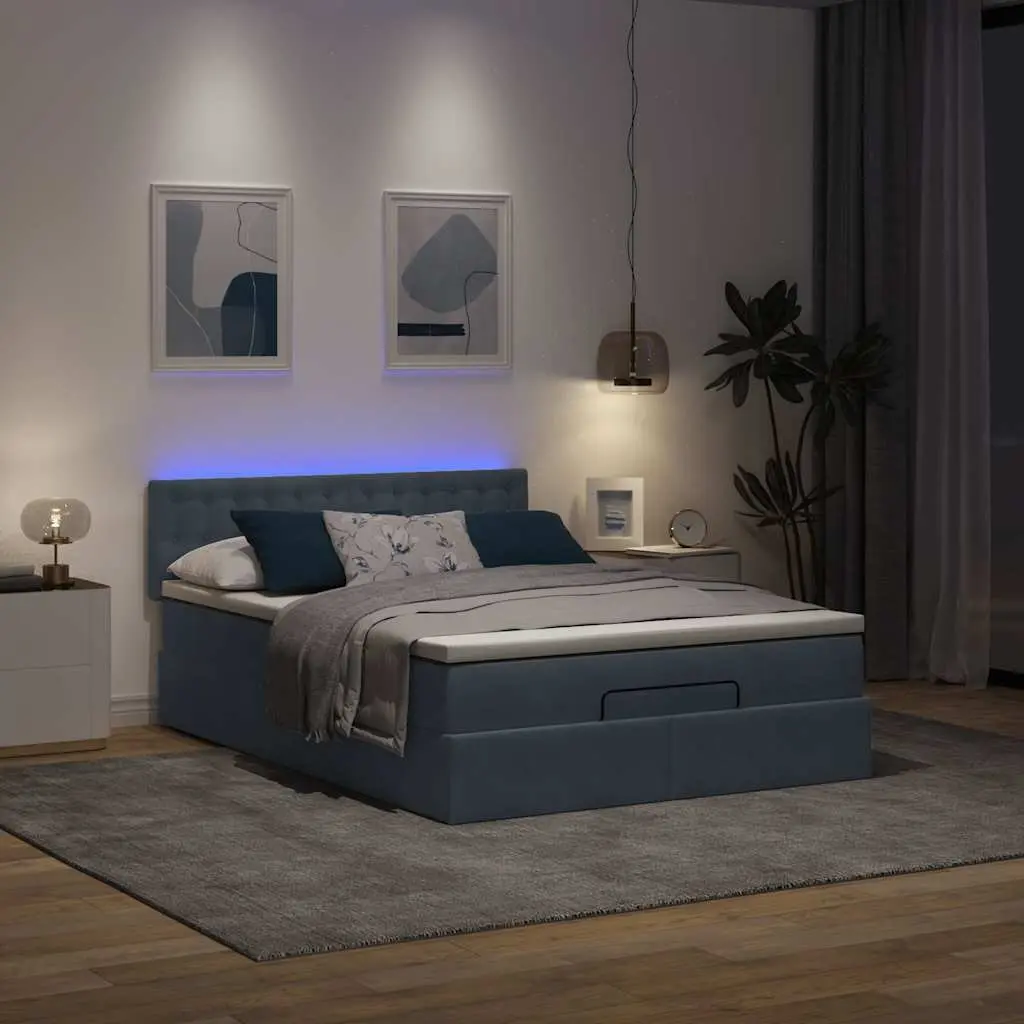 Ottoman Bed Double Grey Velvet with Pocket Spring Mattress Storage LED Lights
