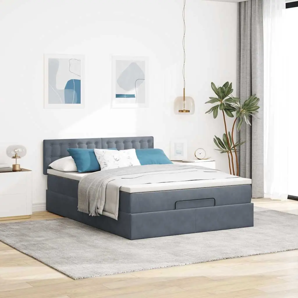 Ottoman Bed Double Grey Velvet with Pocket Spring Mattress Storage LED Lights
