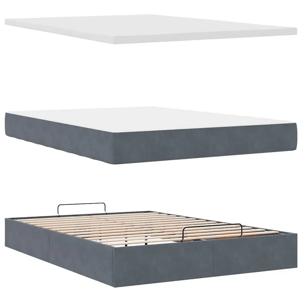 Ottoman Bed Double Grey Velvet with Pocket Spring Mattress Storage LED Lights