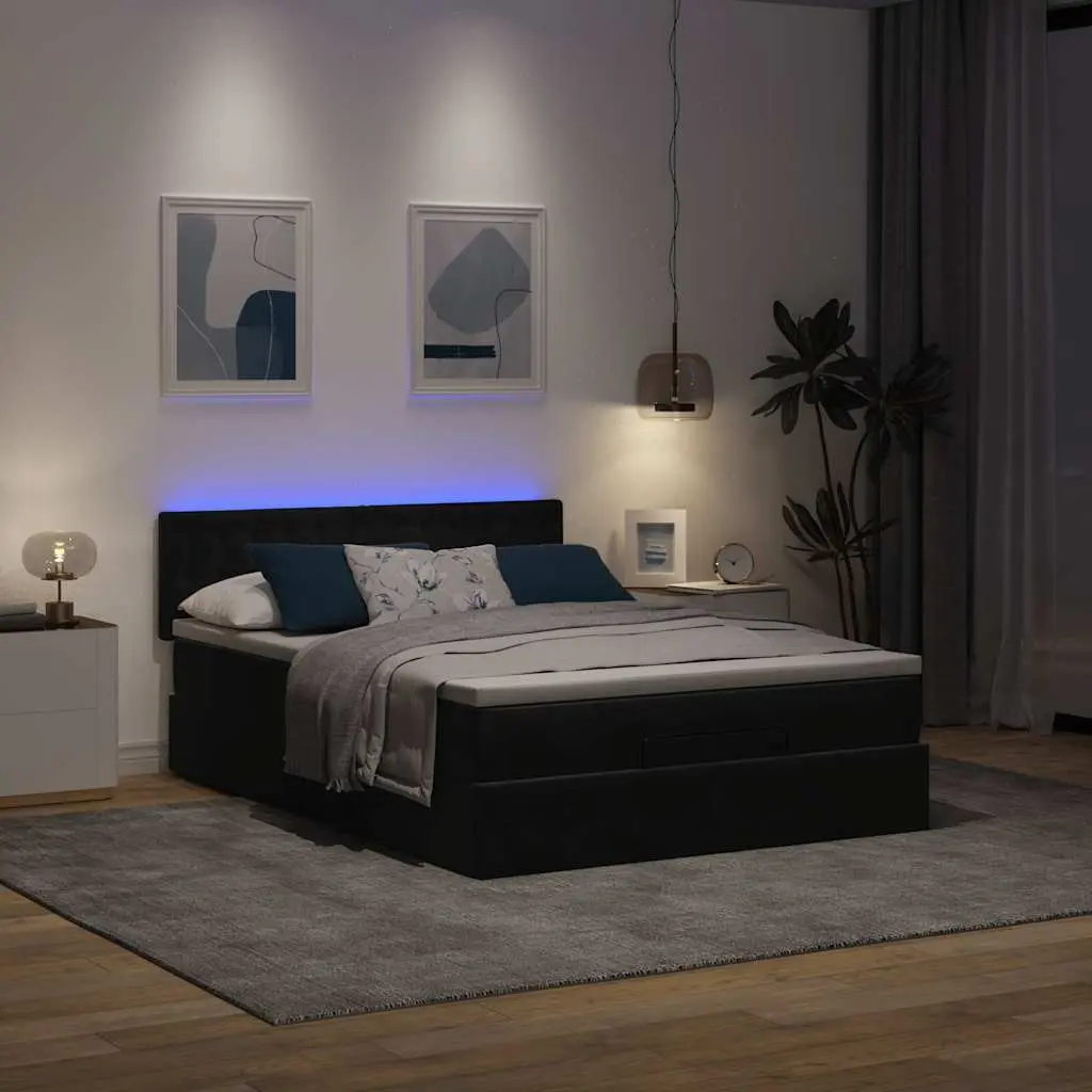 Ottoman Bed with Pocket Spring Mattress LED Lights Under-Bed Storage Black