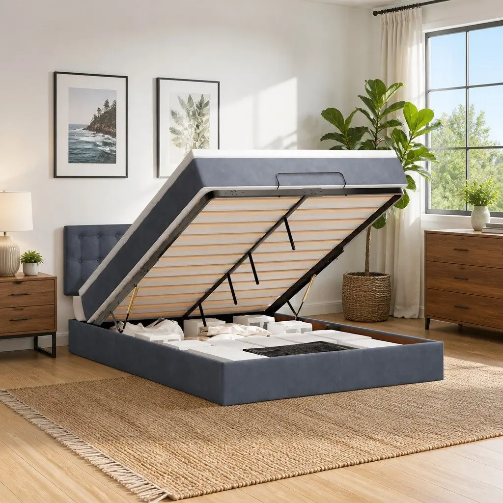 Grey Velvet Queen Ottoman Bed with Storage