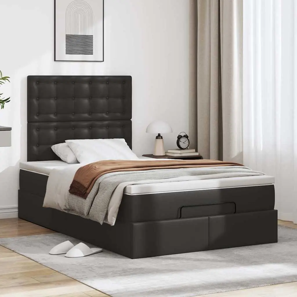 King Single Ottoman Bed Frame with Hydraulic Lift and Pocket Spring Mattress Faux Leather Black