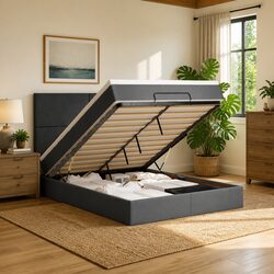 Double Ottoman Bed with Pocket Spring Mattress Grey Fabric Storage Lift