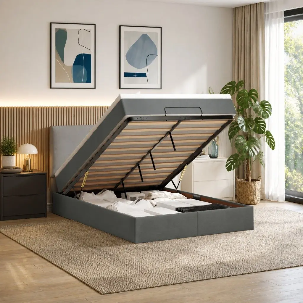 Queen Ottoman Bed Grey with Slatted Base Pocket Spring Mattress and Hydraulic Lift Storage
