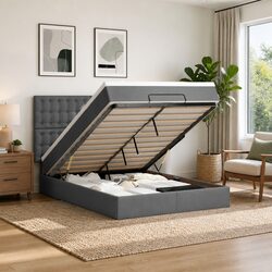 Practical Grey Double Ottoman Bed with Storage Features