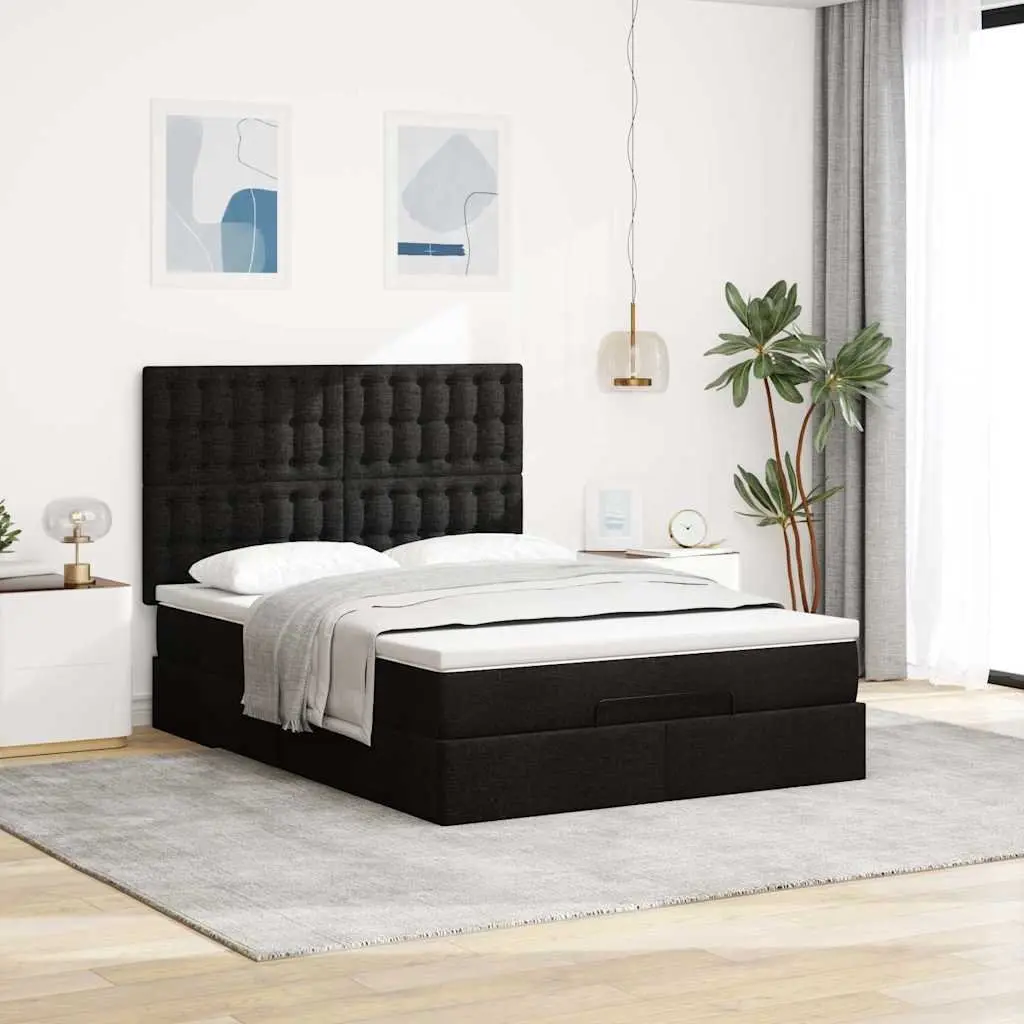 Double Ottoman Bed with Pocket Spring Mattress Black Fabric Storage Bedroom